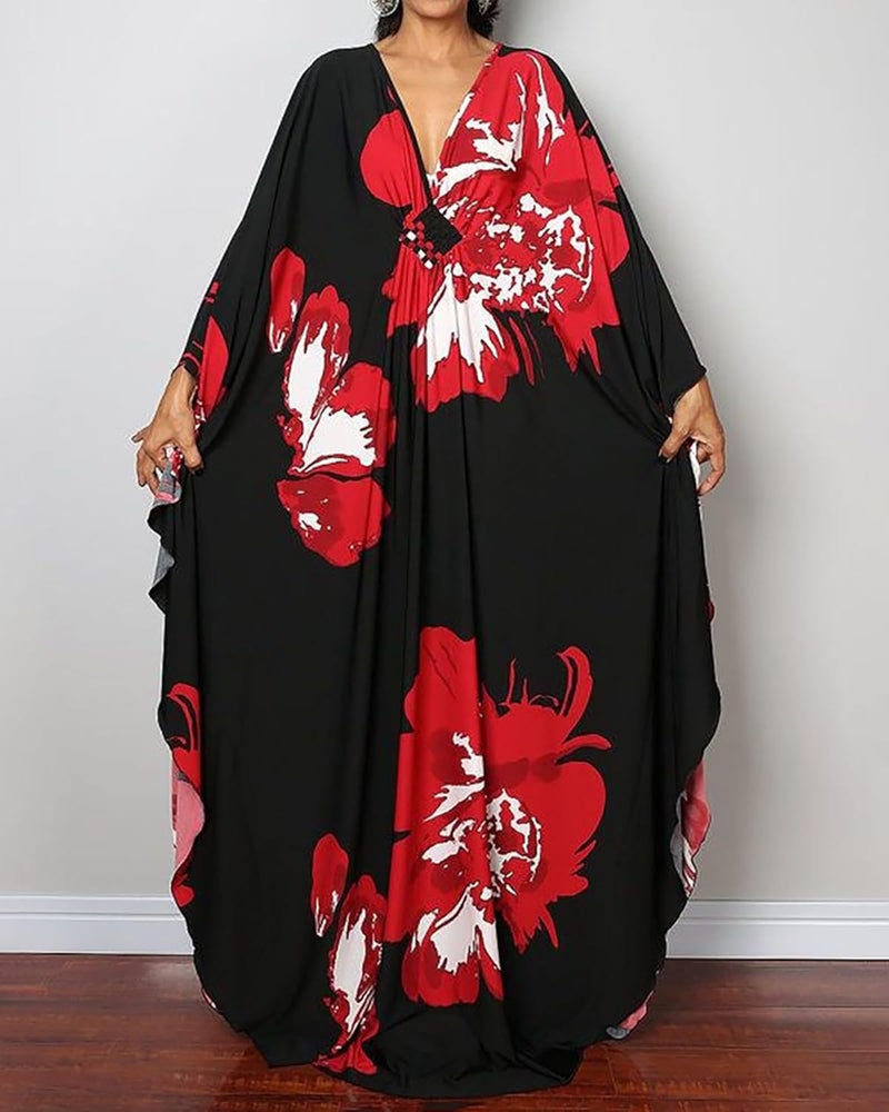 Bsubseach Women Ethnic Print Kaftan Beach Dress Plus Size Swimsuit Cover Up - Image 1
